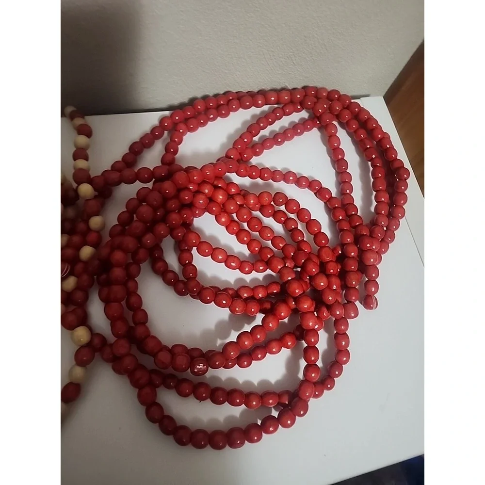 Vintage‎ Wooden Beads Christmas Tree Garland Cabin Core Cranberry Red 43ft